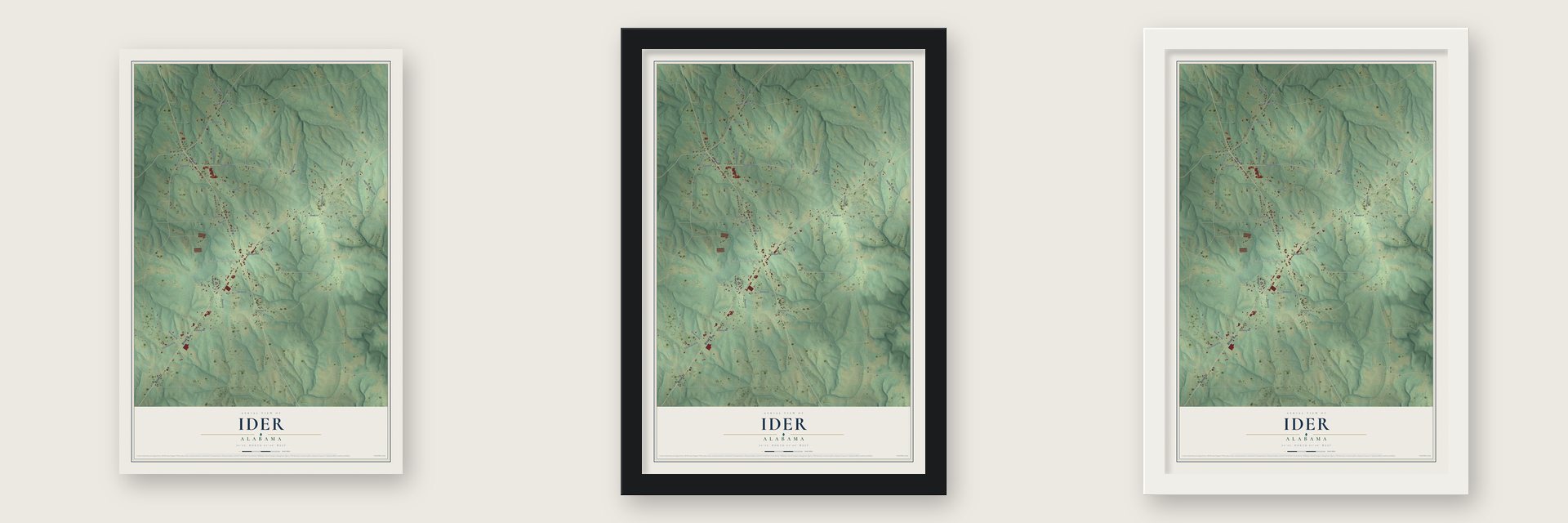 Ider, Alabama map unframed, in a black wood frame and in a white wood frame