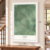 Ider, Alabama map, 24 x 36 inch print in a white frame by a staircase
