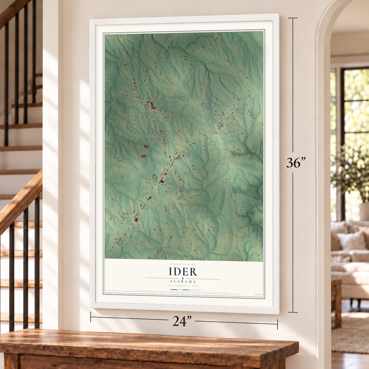 Ider, Alabama map, 24 x 36 inch print in a white frame by a staircase