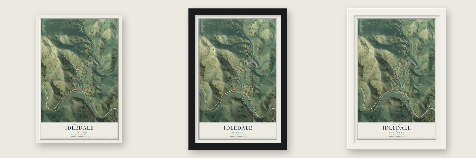 Idledale, Colorado map unframed, in a black wood frame and in a white wood frame