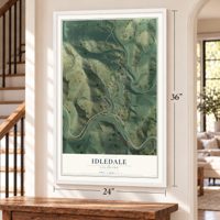 Idledale, Colorado map, 24 x 36 inch print in a white frame by a staircase