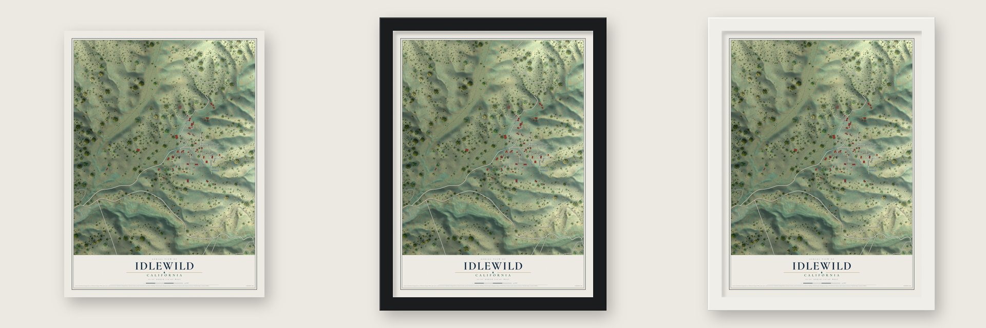Idlewild, California map unframed, in a black wood frame and in a white wood frame