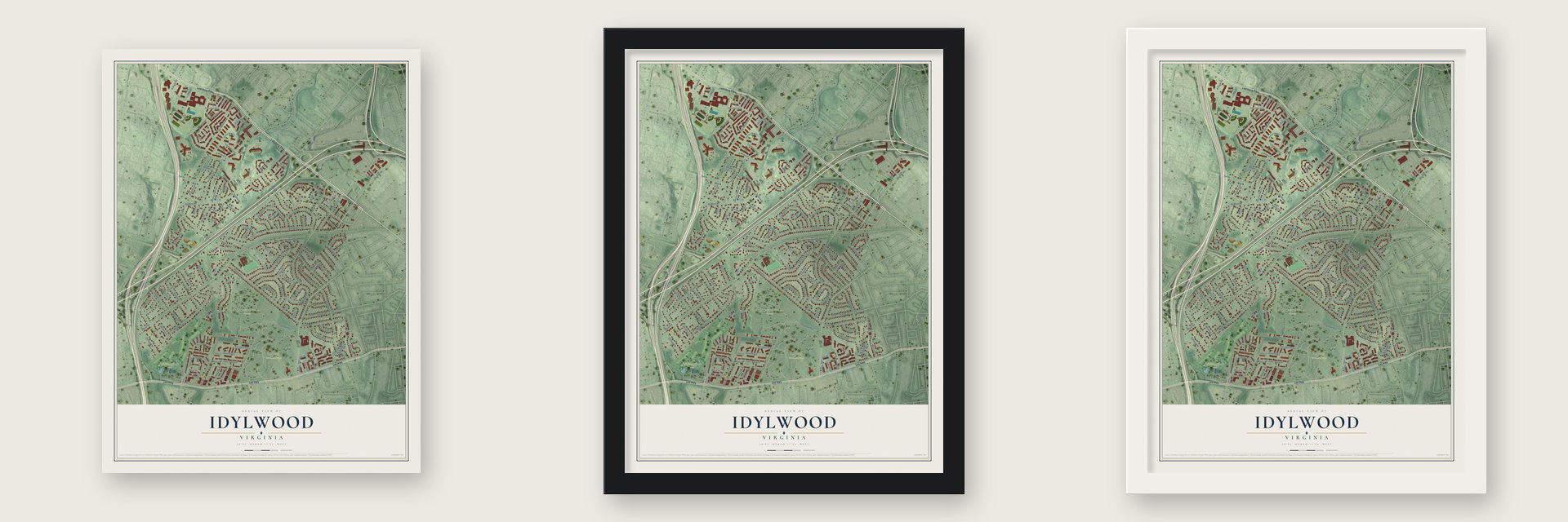 Idylwood, Virginia map unframed, in a black wood frame and in a white wood frame