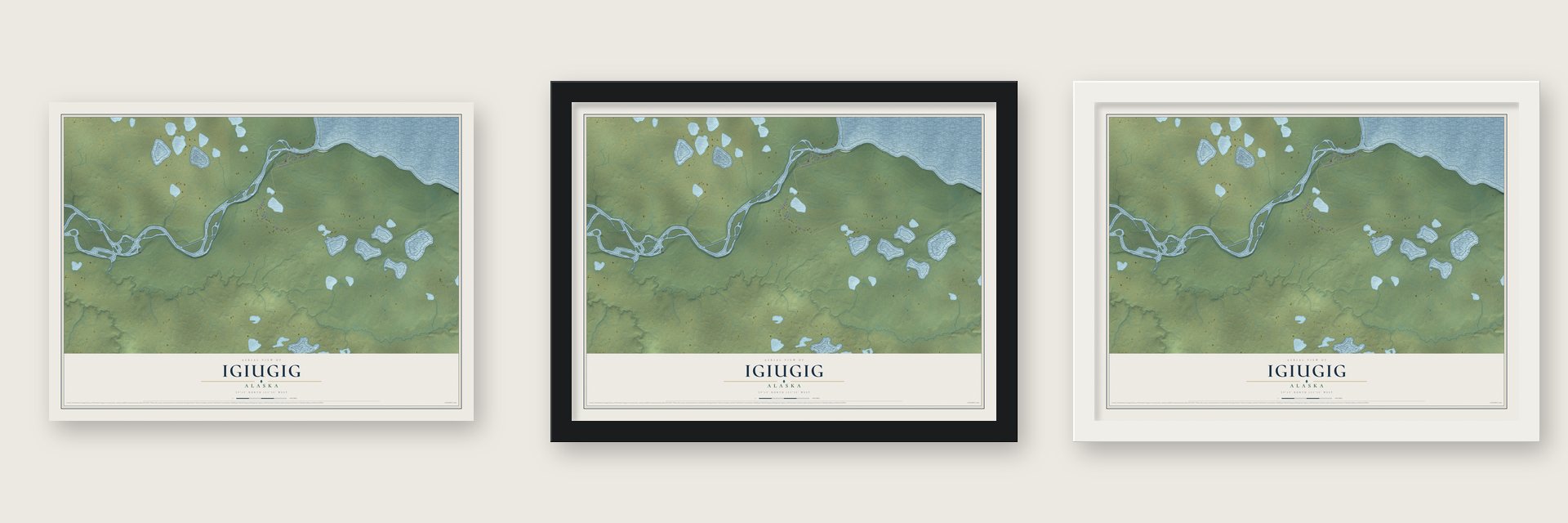 Igiugig, Alaska map unframed, in a black wood frame and in a white wood frame