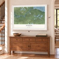 Igiugig, Alaska map, 24 x 36 inch print in a white frame above a dresser by a staircase