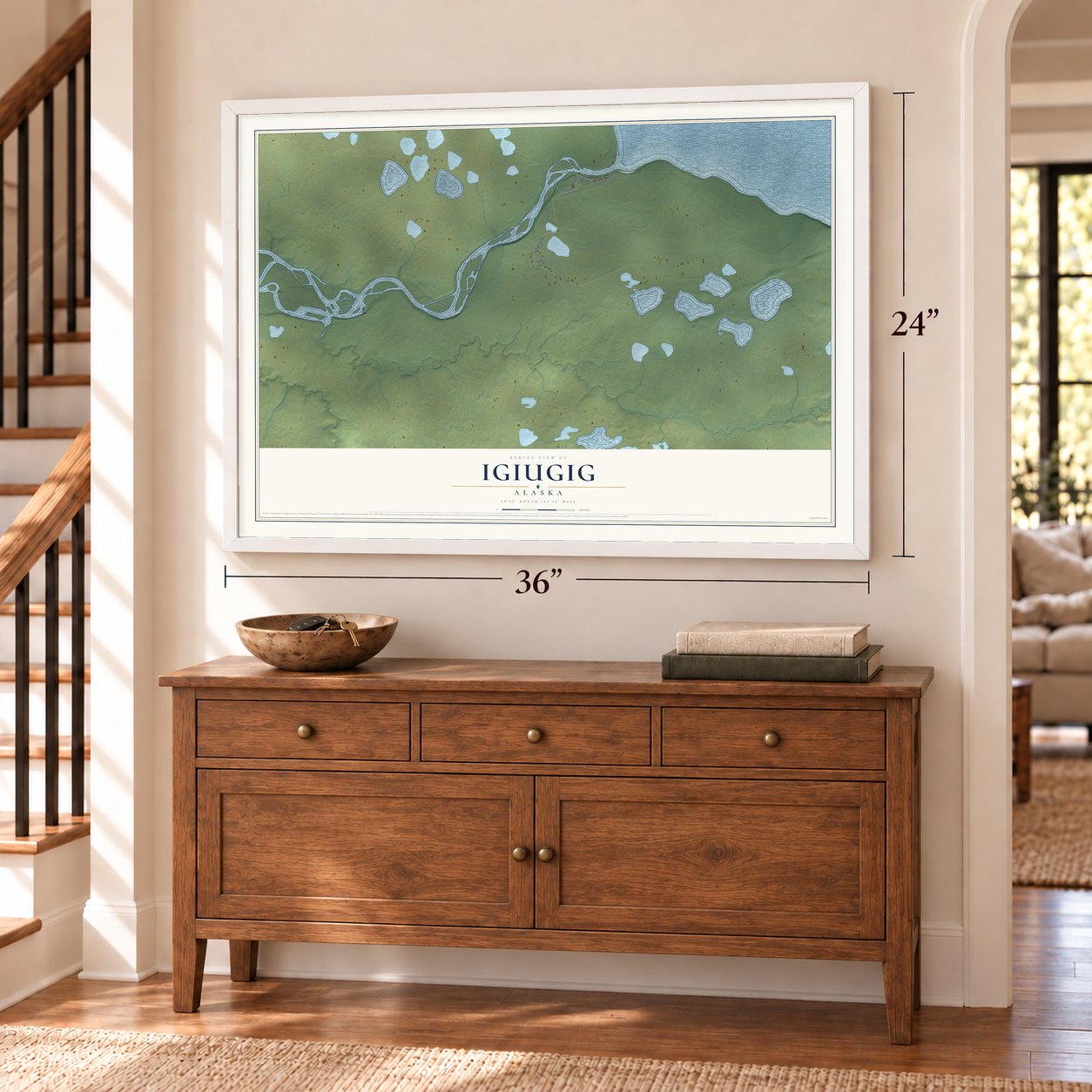 Igiugig, Alaska map, 24 x 36 inch print in a white frame above a dresser by a staircase
