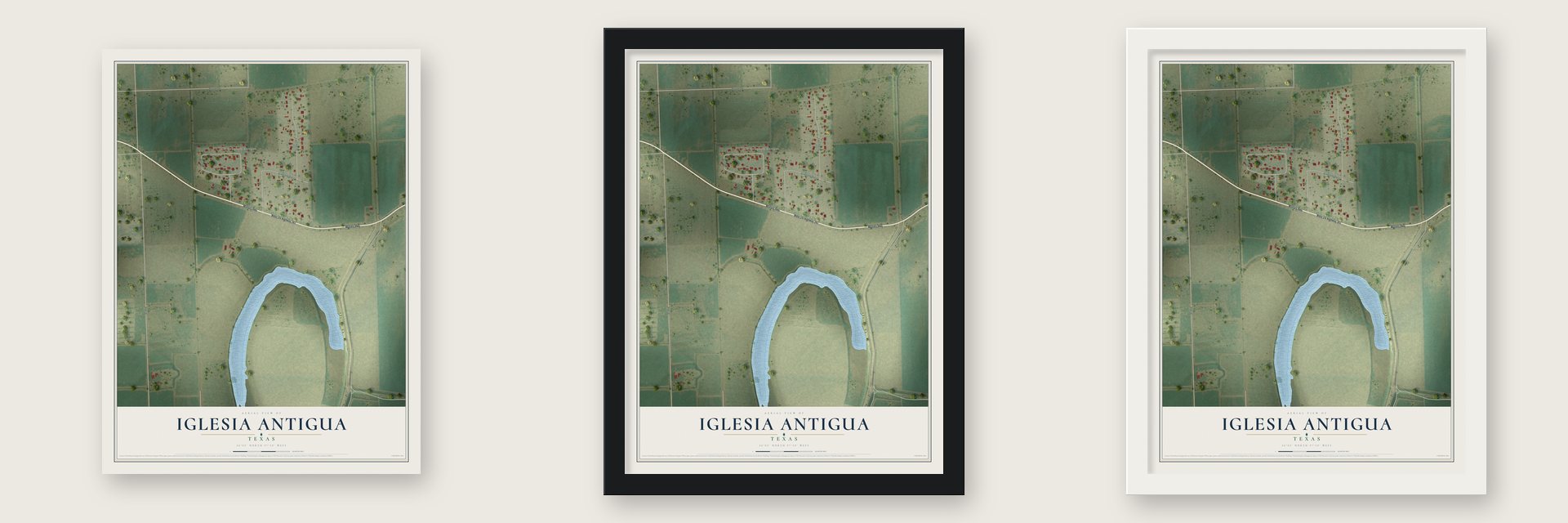 Iglesia Antigua, Texas map unframed, in a black wood frame and in a white wood frame