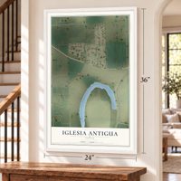 Iglesia Antigua, Texas map, 24 x 36 inch print in a white frame by a staircase