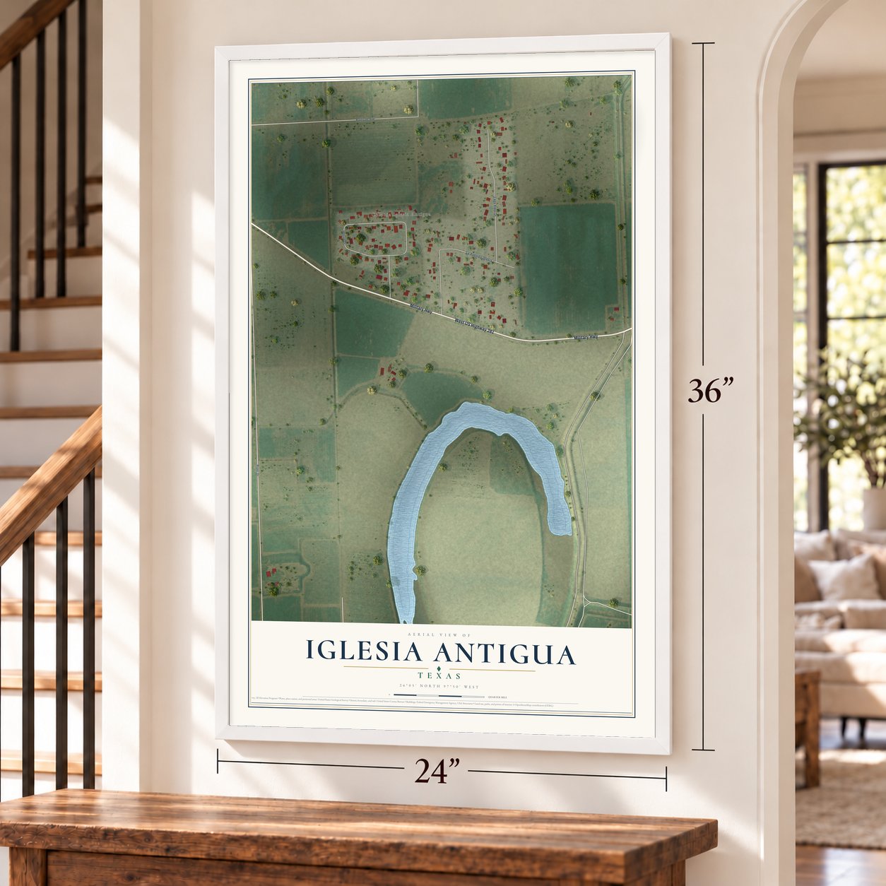 Iglesia Antigua, Texas map, 24 x 36 inch print in a white frame by a staircase