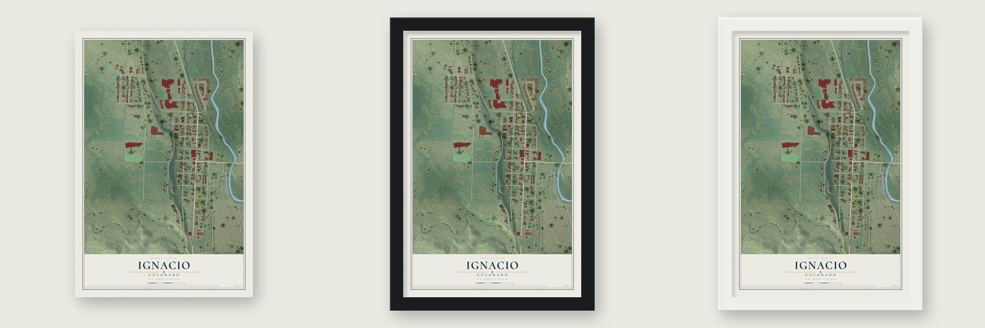Ignacio, Colorado map unframed, in a black wood frame and in a white wood frame