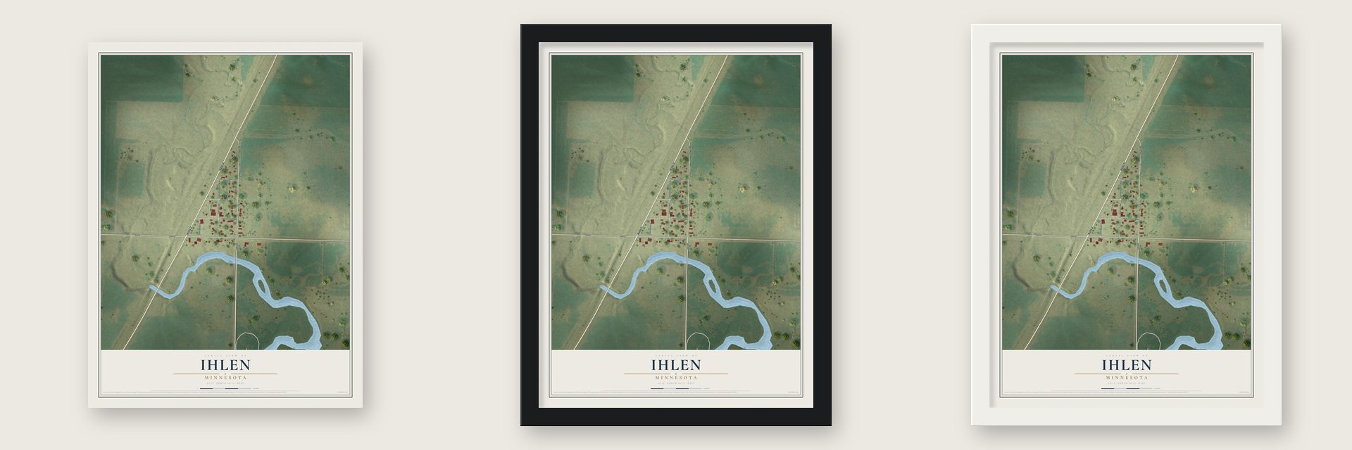 Ihlen, Minnesota map unframed, in a black wood frame and in a white wood frame