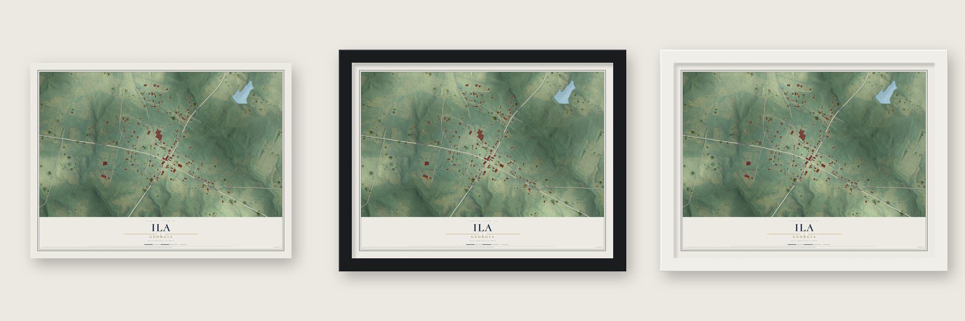 Ila, Georgia map unframed, in a black wood frame and in a white wood frame