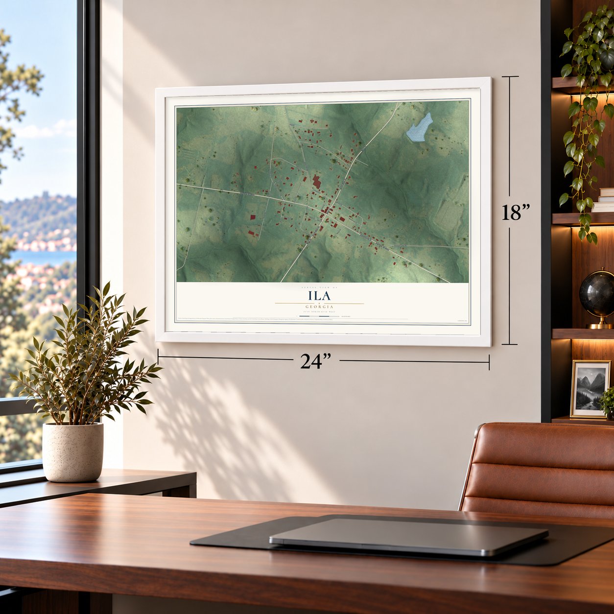 Ila, Georgia map, 18 x 24 inch print in a white frame in a home office
