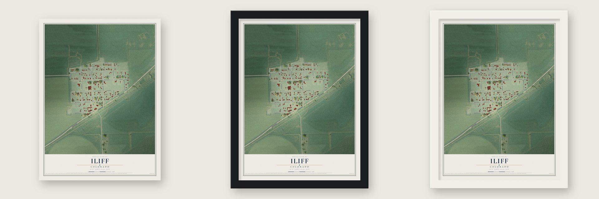 Iliff, Colorado map unframed, in a black wood frame and in a white wood frame