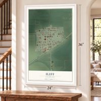 Iliff, Colorado map, 24 x 36 inch print in a white frame by a staircase