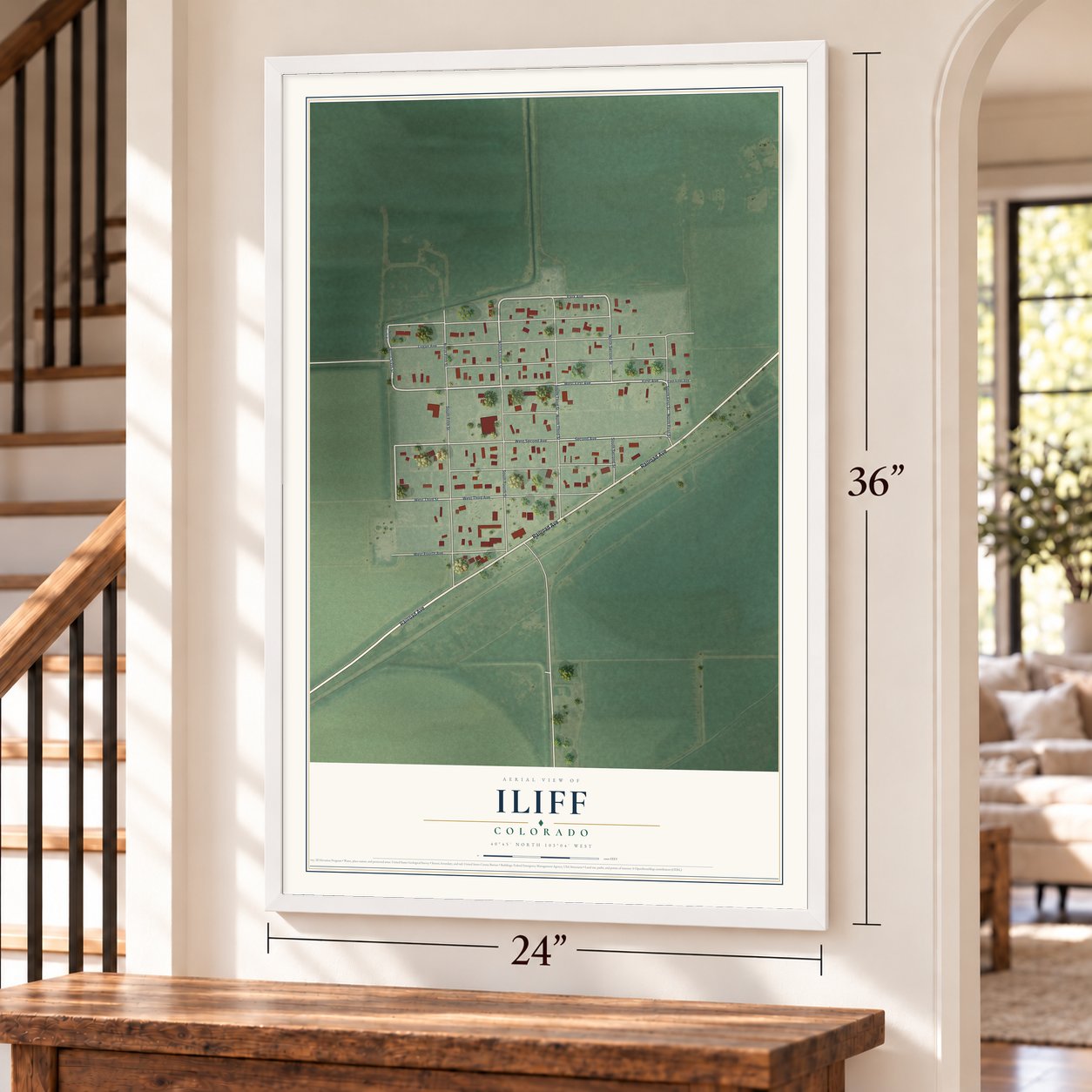 Iliff, Colorado map, 24 x 36 inch print in a white frame by a staircase