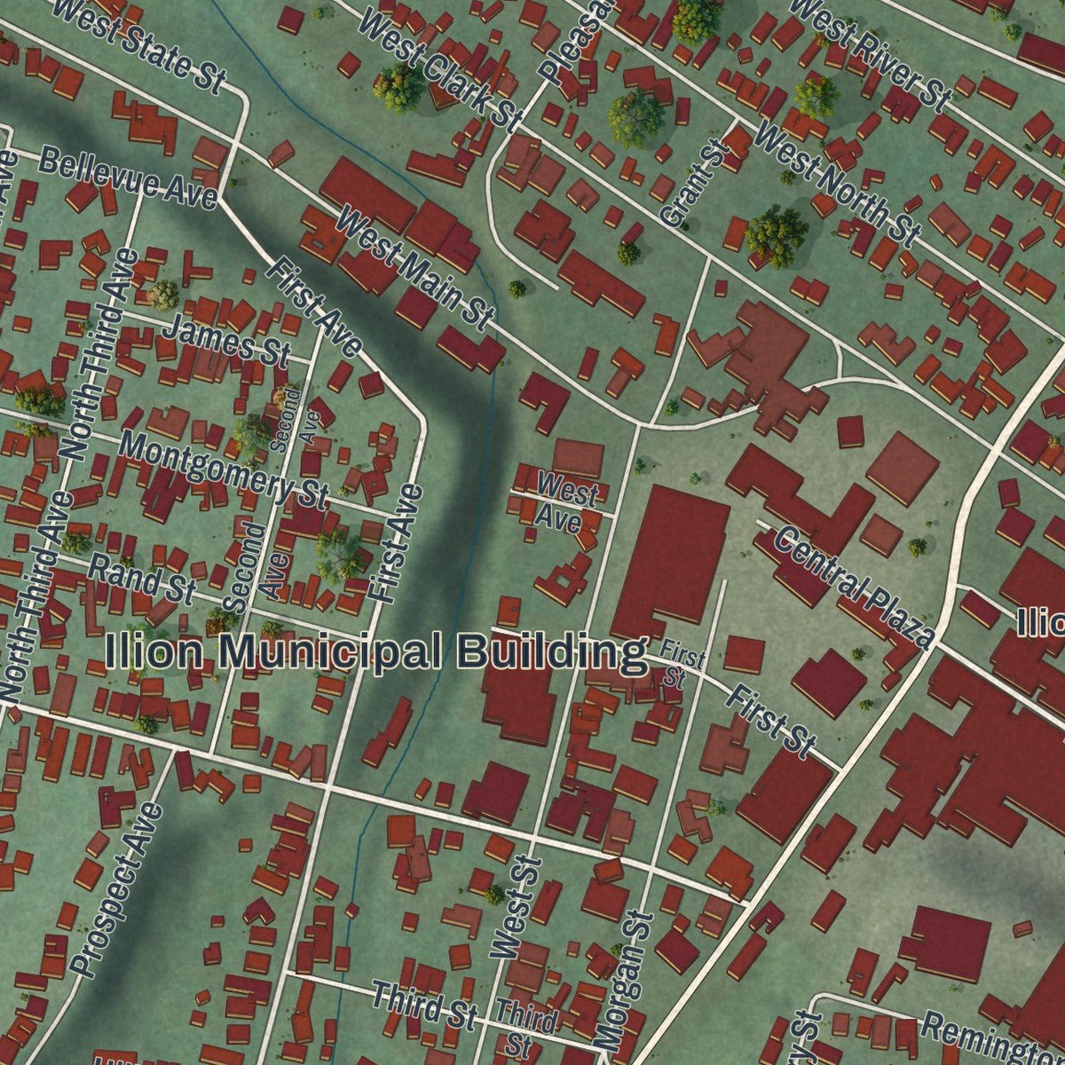 Second close-up of the map of Ilion, New York print showing more streets and buildings