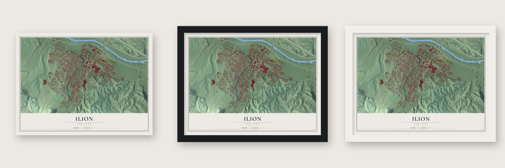 Ilion, New York map unframed, in a black wood frame and in a white wood frame