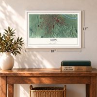 Ilion, New York map, 12 x 18 inch print in a white frame in an entryway