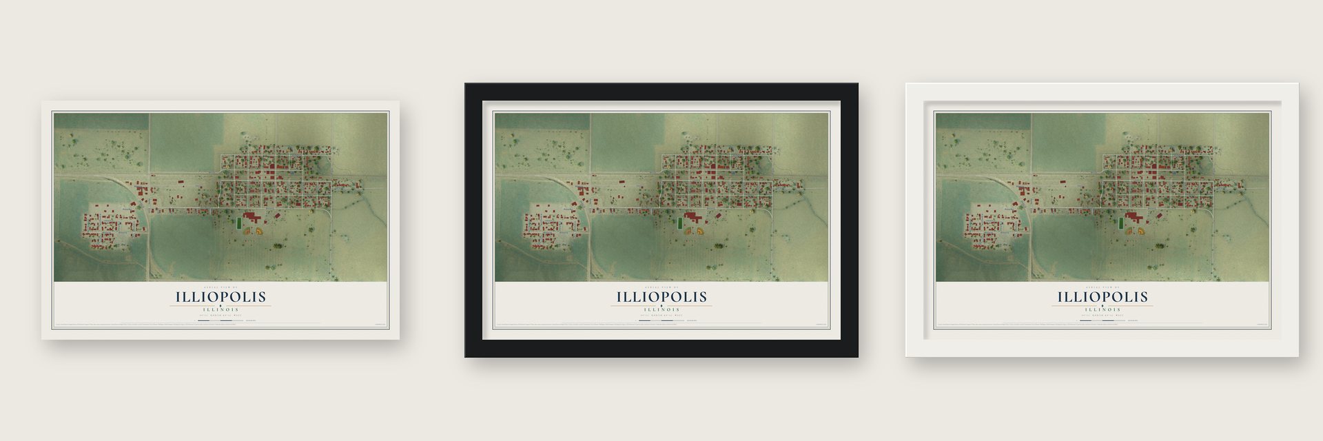 Illiopolis, Illinois map unframed, in a black wood frame and in a white wood frame