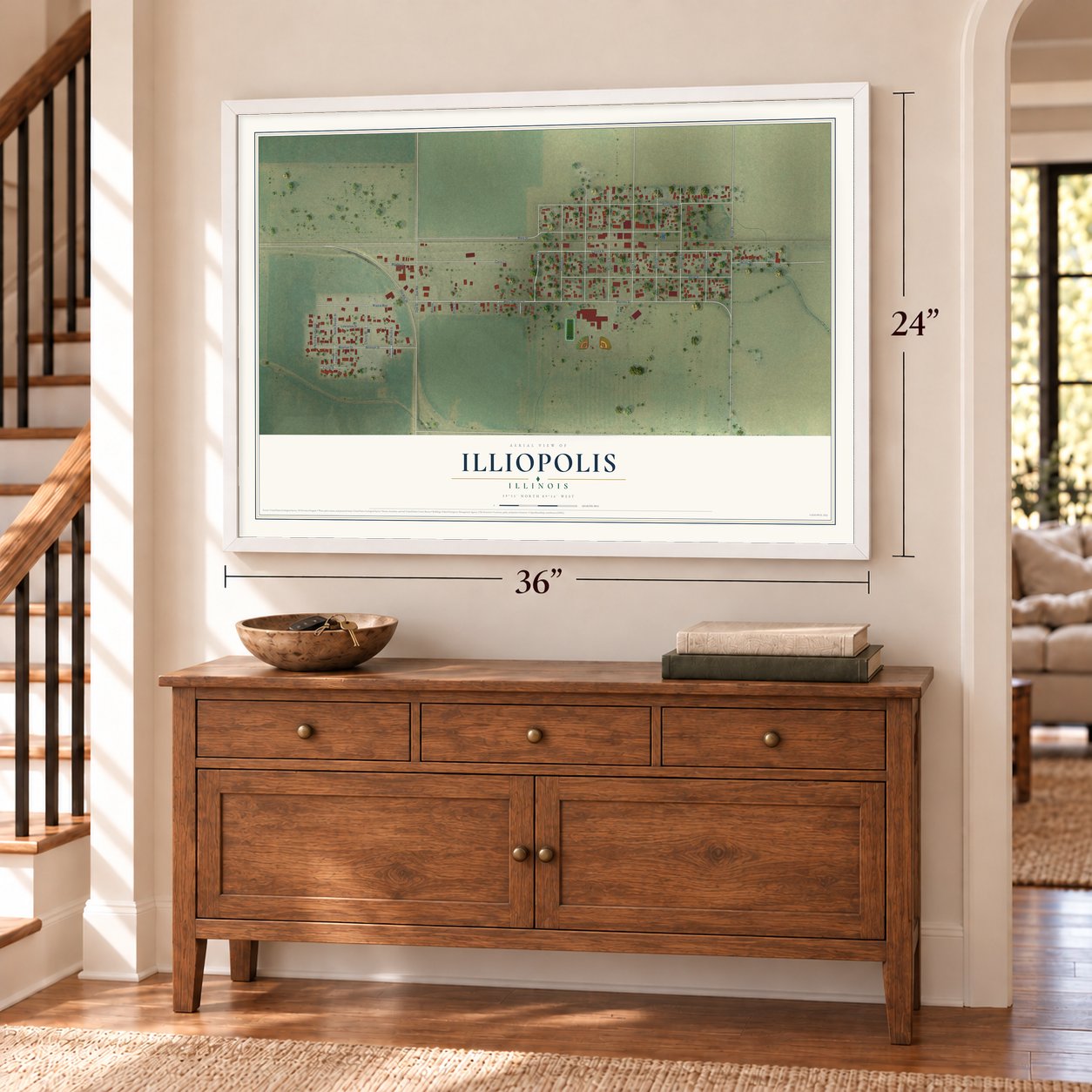 Illiopolis, Illinois map, 24 x 36 inch print in a white frame above a dresser by a staircase