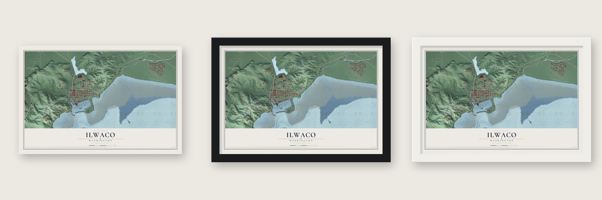 Ilwaco, Washington map unframed, in a black wood frame and in a white wood frame