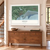 Ilwaco, Washington map, 24 x 36 inch print in a white frame above a dresser by a staircase