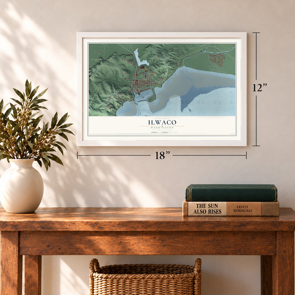 Ilwaco, Washington map, 12 x 18 inch print in a white frame in an entryway
