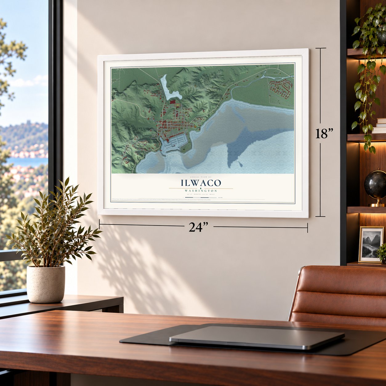 Ilwaco, Washington map, 18 x 24 inch print in a white frame in a home office