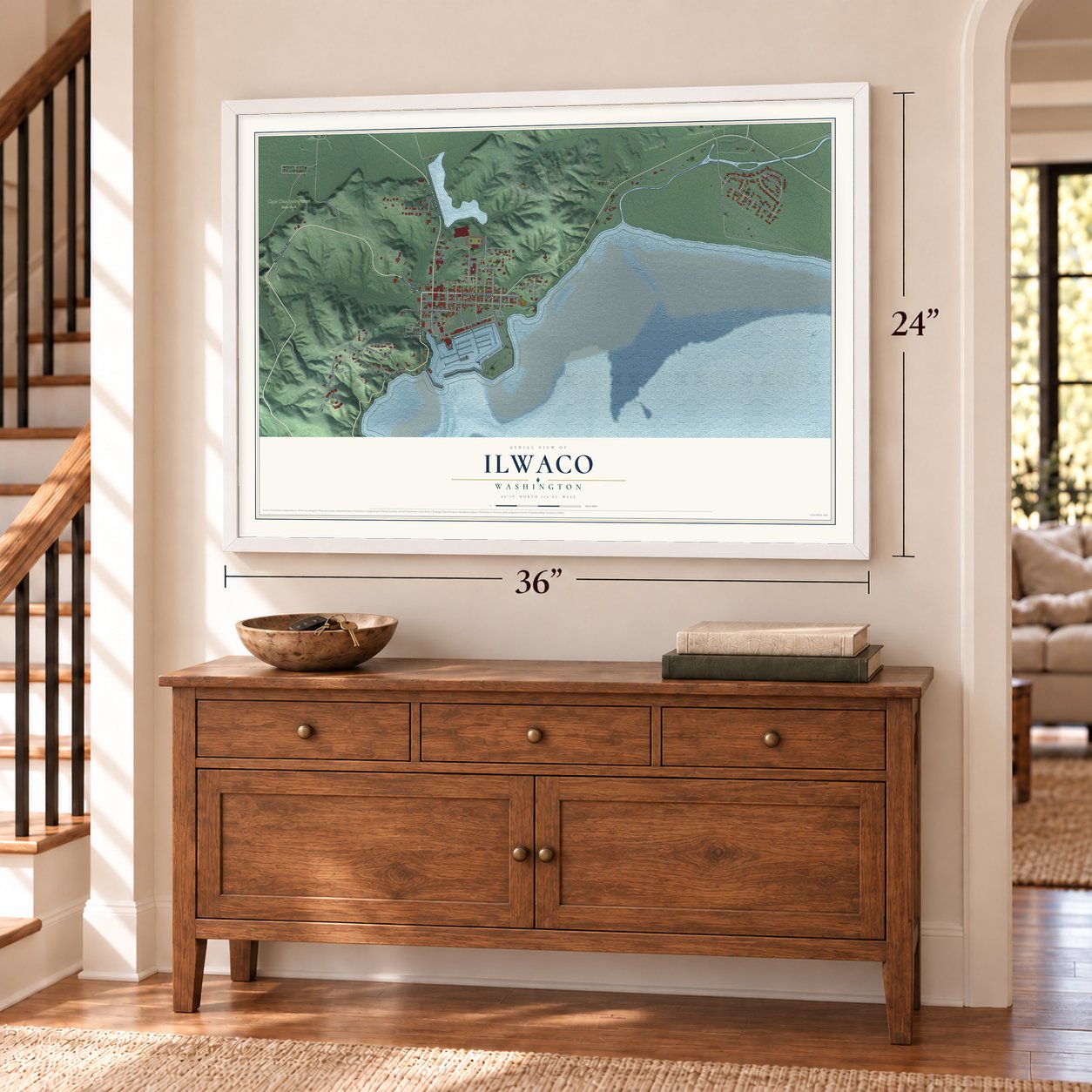 Ilwaco, Washington map, 24 x 36 inch print in a white frame above a dresser by a staircase