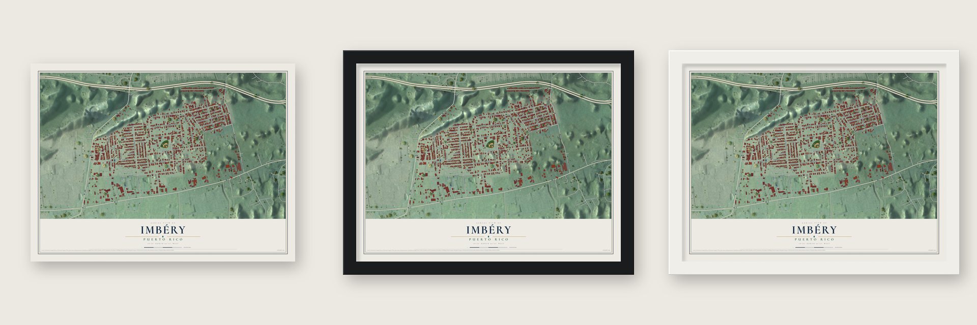 Imbéry, Puerto Rico map unframed, in a black wood frame and in a white wood frame