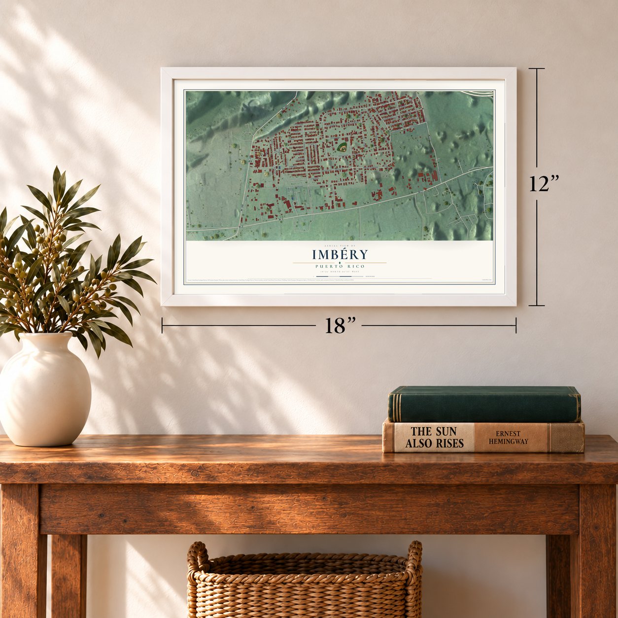 Imbéry, Puerto Rico map, 12 x 18 inch print in a white frame in an entryway