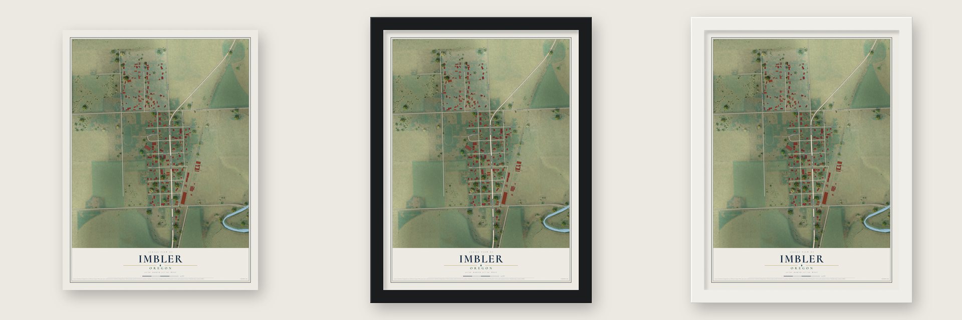 Imbler, Oregon map unframed, in a black wood frame and in a white wood frame