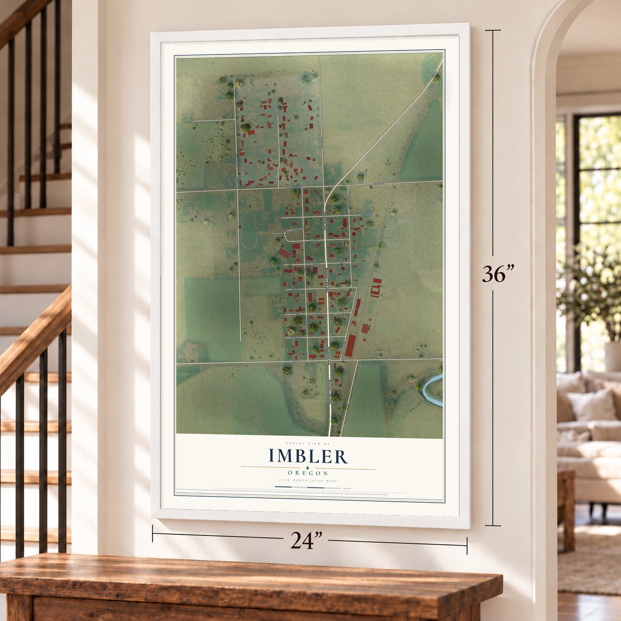 Imbler, Oregon map, 24 x 36 inch print in a white frame by a staircase