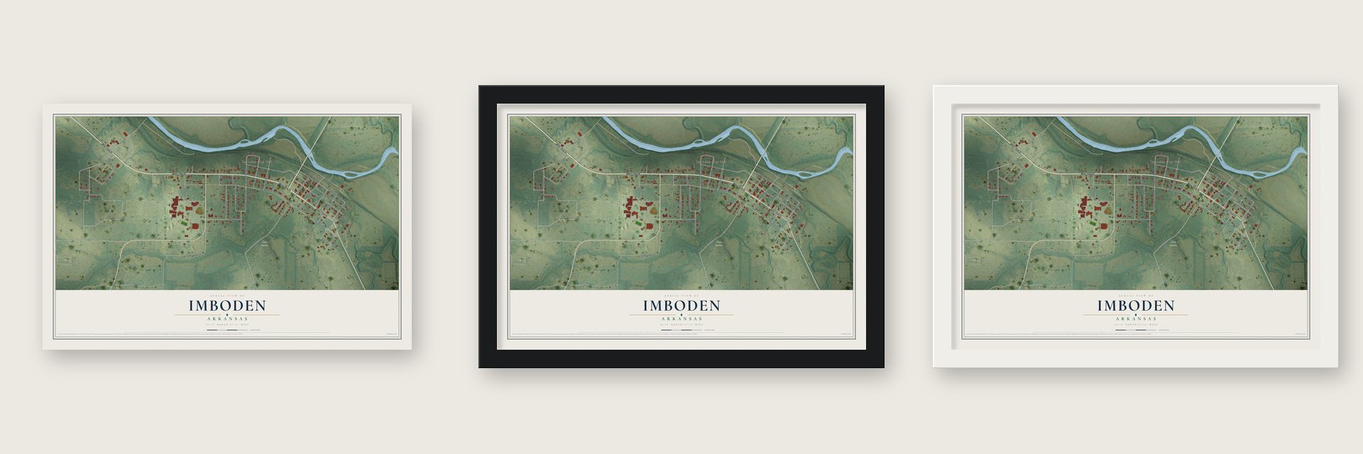 Imboden, Arkansas map unframed, in a black wood frame and in a white wood frame