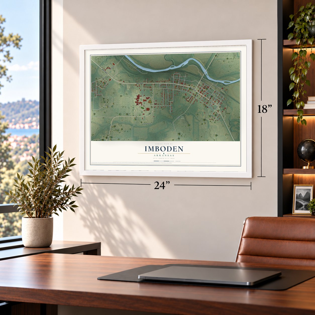 Imboden, Arkansas map, 18 x 24 inch print in a white frame in a home office