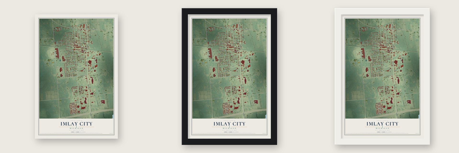 Imlay City, Michigan map unframed, in a black wood frame and in a white wood frame