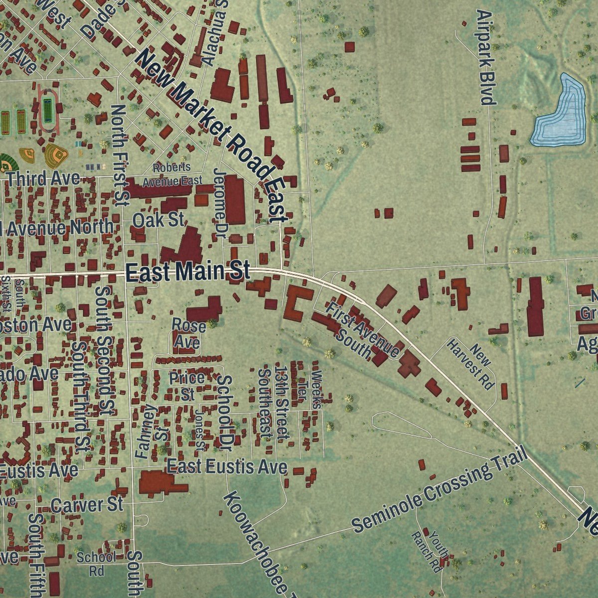 Second close-up of the map of Immokalee, Florida print showing more streets and buildings