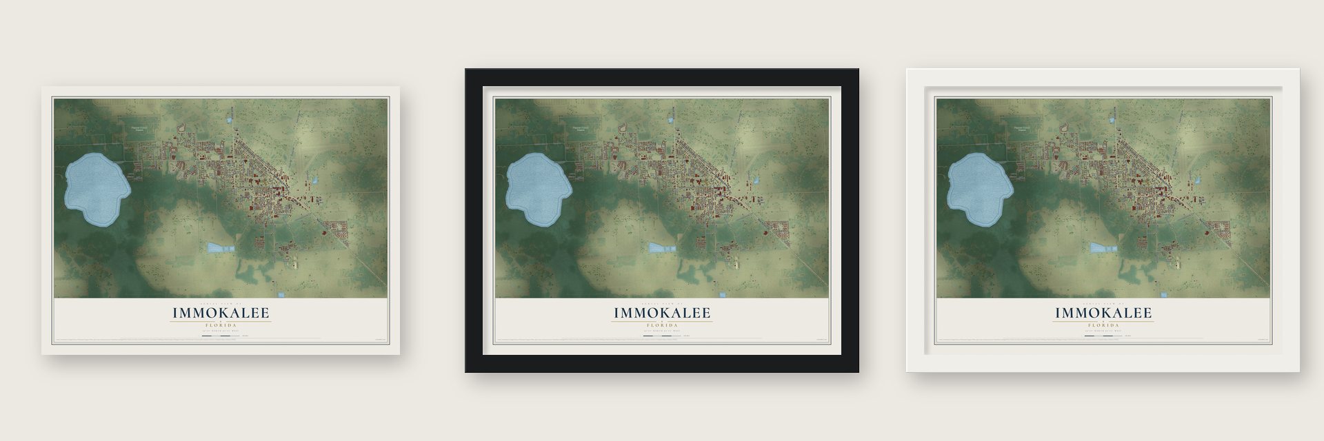 Immokalee, Florida map unframed, in a black wood frame and in a white wood frame