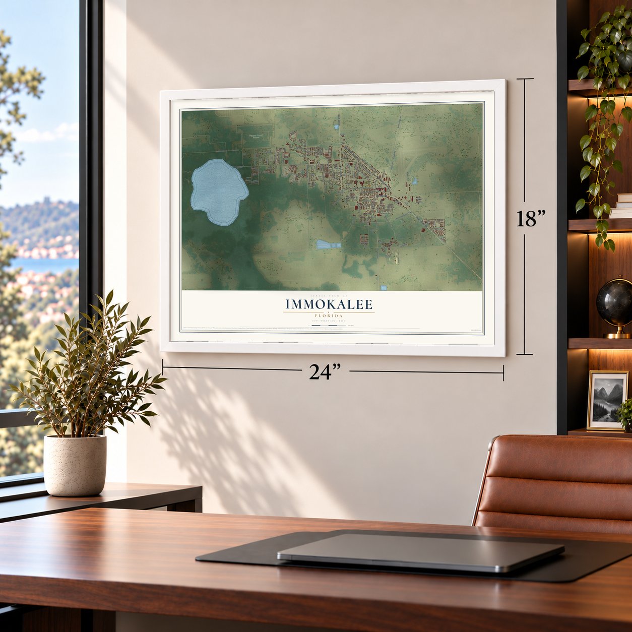 Immokalee, Florida map, 18 x 24 inch print in a white frame in a home office