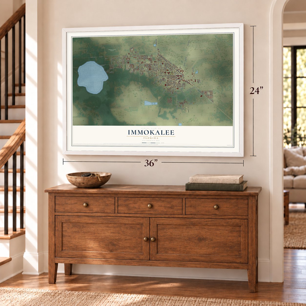 Immokalee, Florida map, 24 x 36 inch print in a white frame above a dresser by a staircase
