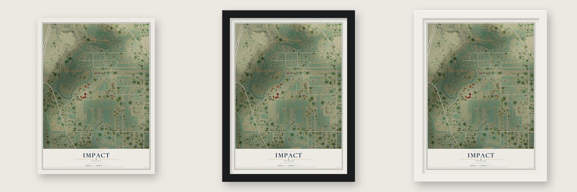 Impact, Texas map unframed, in a black wood frame and in a white wood frame