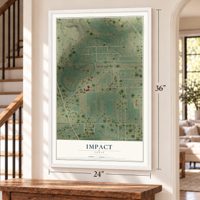 Impact, Texas map, 24 x 36 inch print in a white frame by a staircase