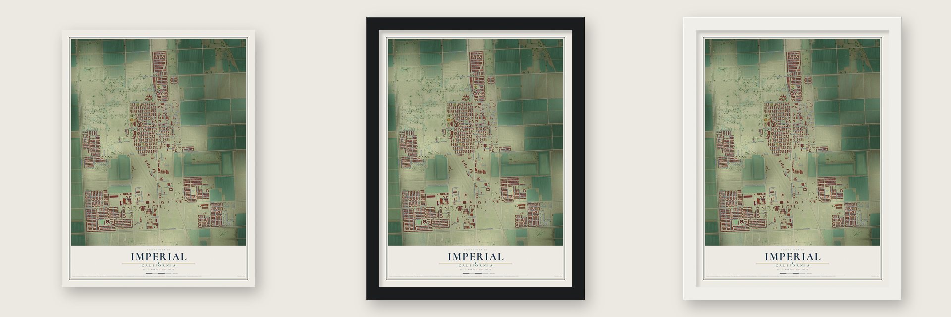 Imperial, California map unframed, in a black wood frame and in a white wood frame