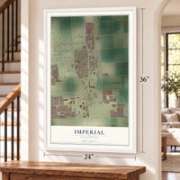 Imperial, California map, 24 x 36 inch print in a white frame by a staircase