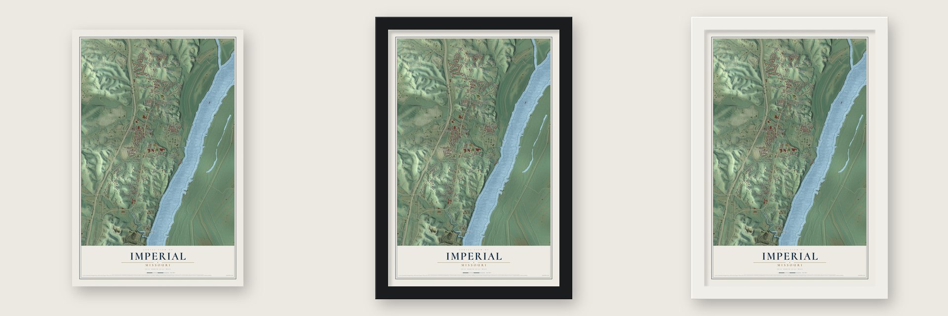 Imperial, Missouri map unframed, in a black wood frame and in a white wood frame