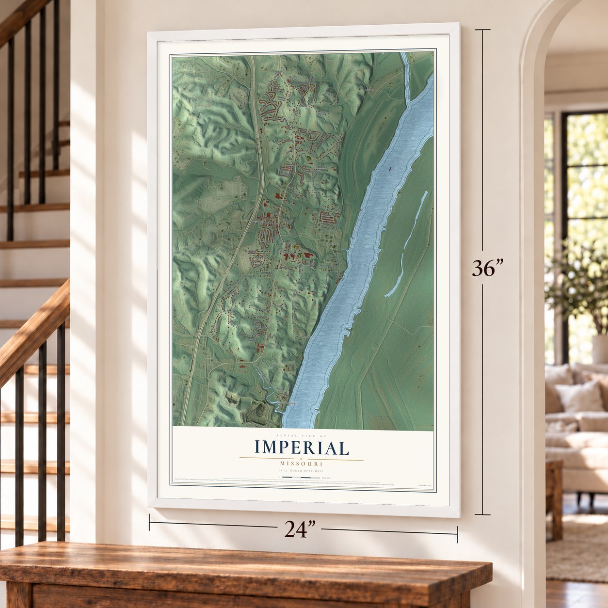 Imperial, Missouri map, 24 x 36 inch print in a white frame by a staircase