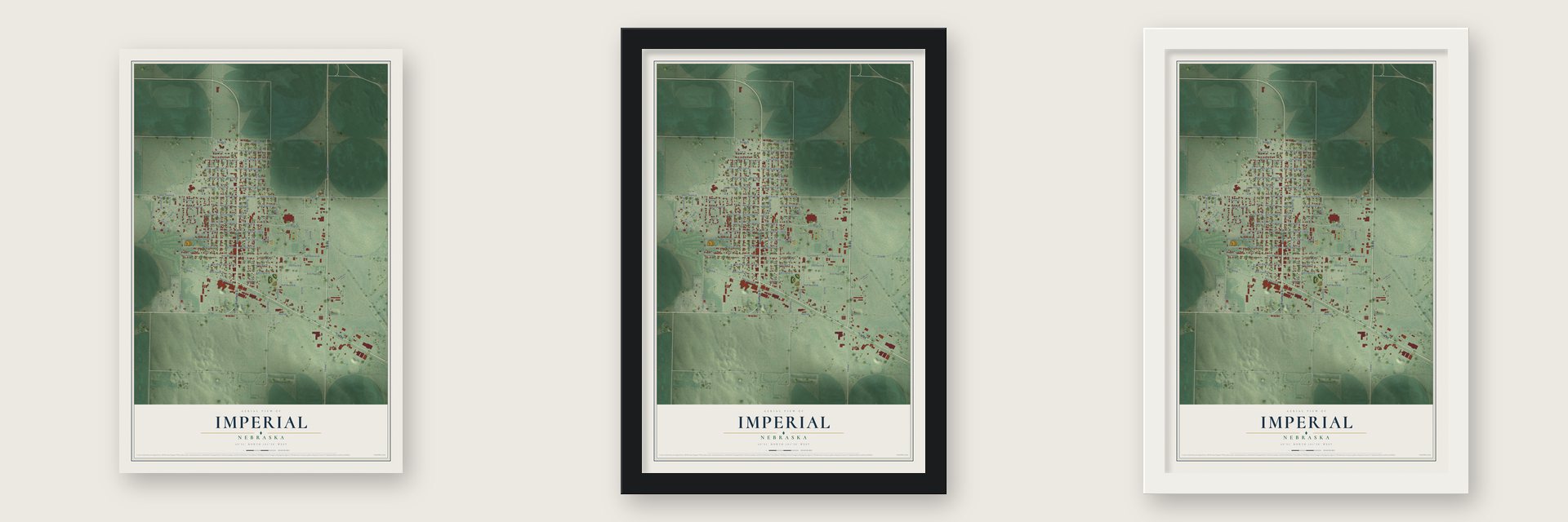 Imperial, Nebraska map unframed, in a black wood frame and in a white wood frame