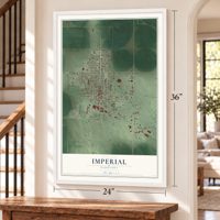 Imperial, Nebraska map, 24 x 36 inch print in a white frame by a staircase
