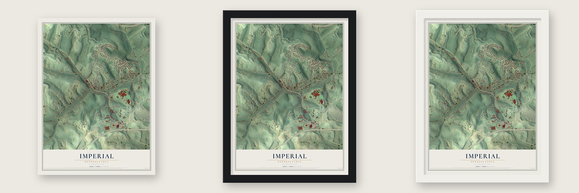 Imperial, Pennsylvania map unframed, in a black wood frame and in a white wood frame